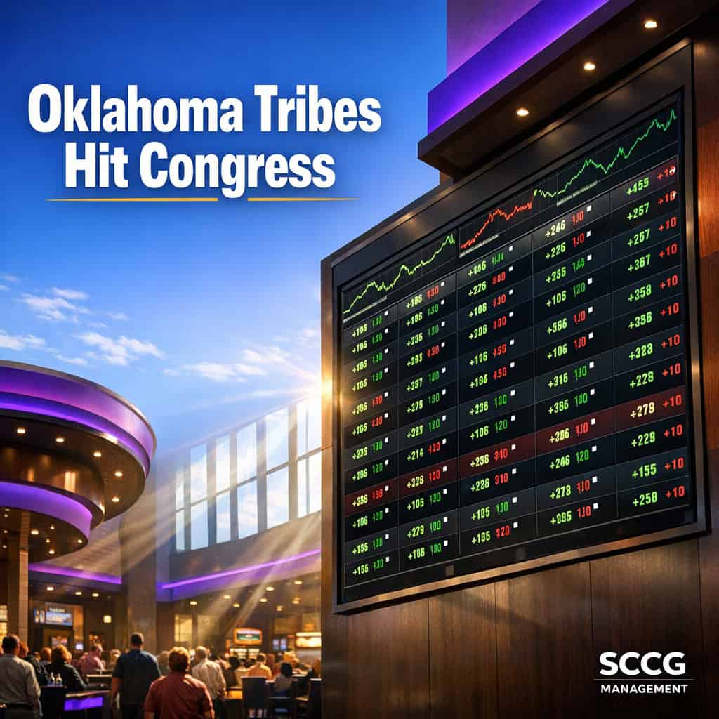 Glowing sportsbook odds board displaying prediction market contracts inside a bright busy Oklahoma tribal casino.