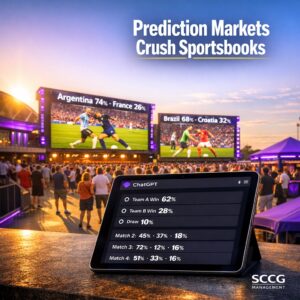 Giant stadium screens show live World Cup prediction market probabilities as a tablet displays ChatGPT integration with surging trading volume outpacing sportsbooks.