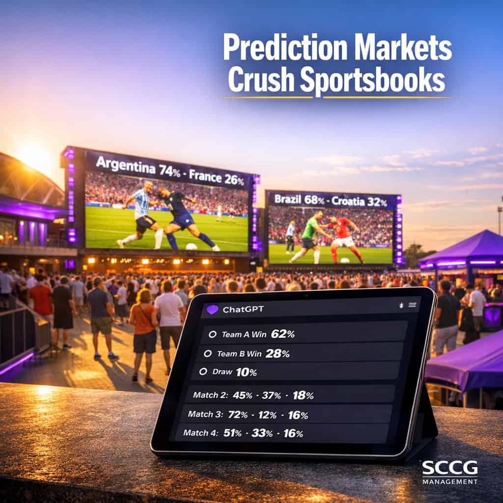Giant stadium screens show live World Cup prediction market probabilities as a tablet displays ChatGPT integration with surging trading volume outpacing sportsbooks.