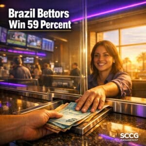Busy Brazilian sportsbook cash desk with Brazilian real banknotes being slid across the counter during a transaction.