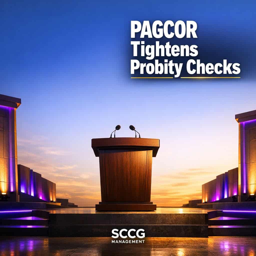 Regulator podium on a brightly lit stage under commanding golden light, amplifying tightened probity checks in Philippine gaming oversight.