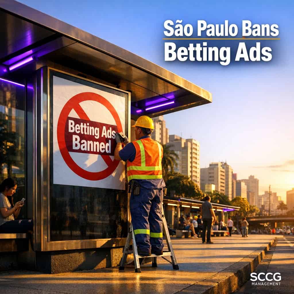 Municipal worker installing a prohibition sign over a large advertising panel on a São Paulo bus shelter as betting ads face a citywide ban.