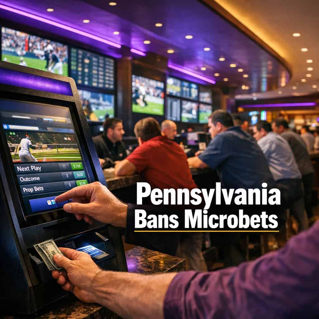 Busy Pennsylvania sportsbook counter with self-service betting terminals displaying live in-game microbets under bright casino lighting.