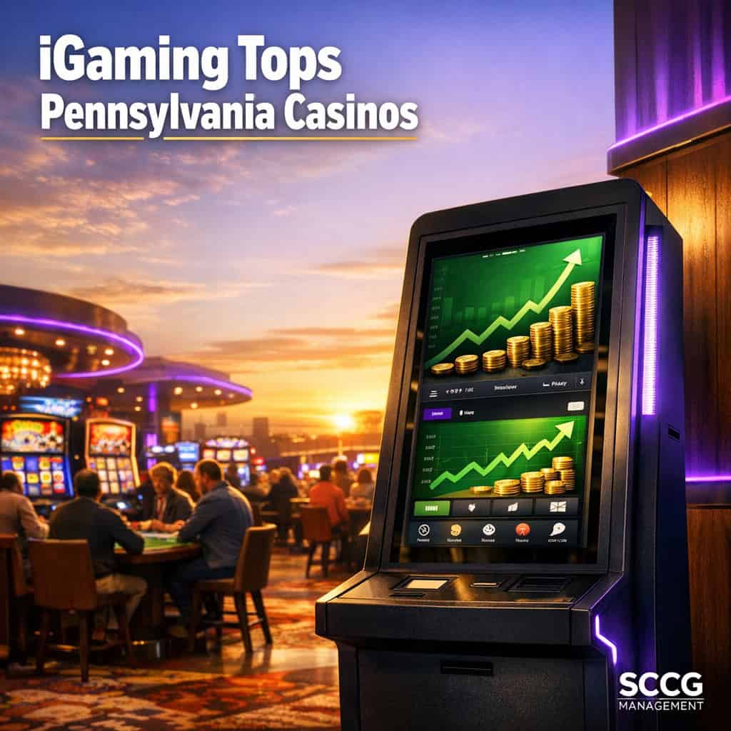 Busy Pennsylvania casino floor featuring a brightly lit self-service betting kiosk displaying a live iGaming app as online gambling surpasses retail for the first time.