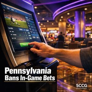 Hand placing an in-game sports bet at a self-service terminal kiosk on a busy casino floor.