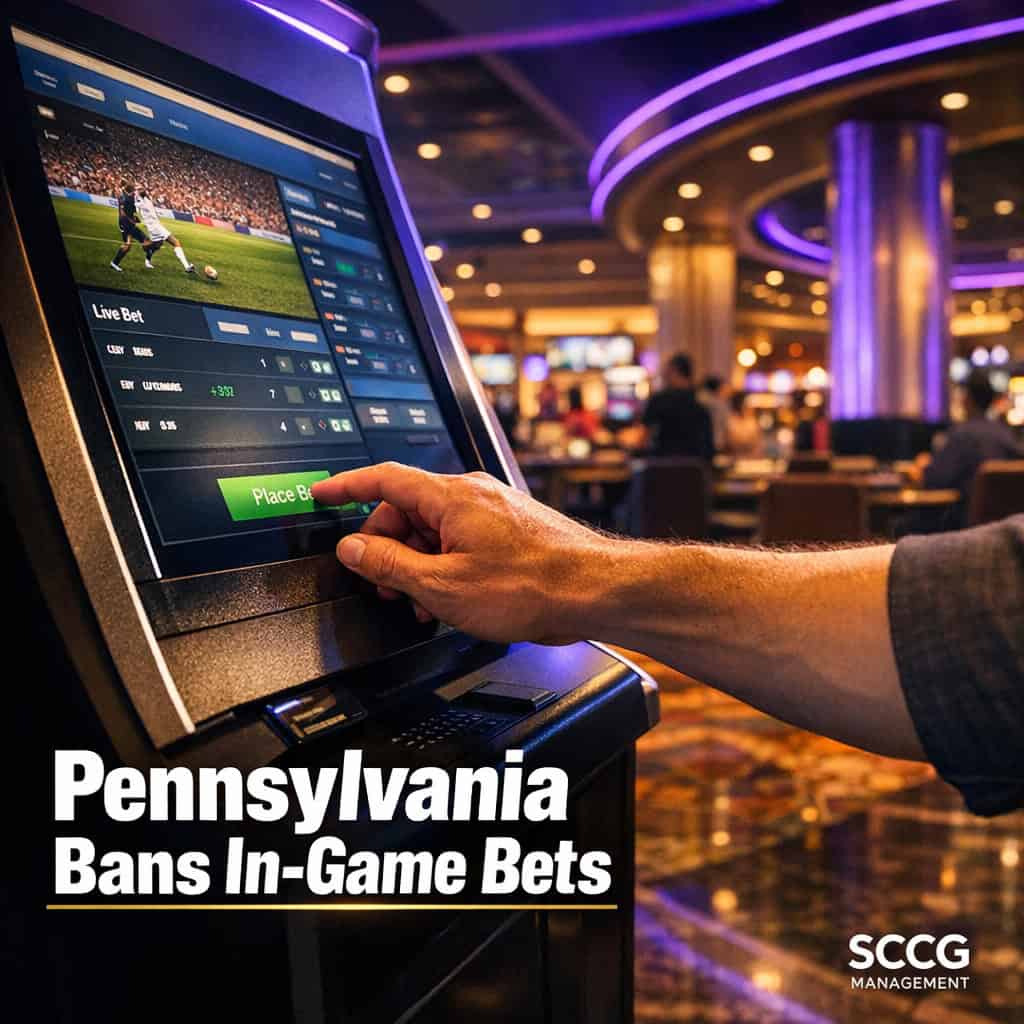 Hand placing an in-game sports bet at a self-service terminal kiosk on a busy casino floor.