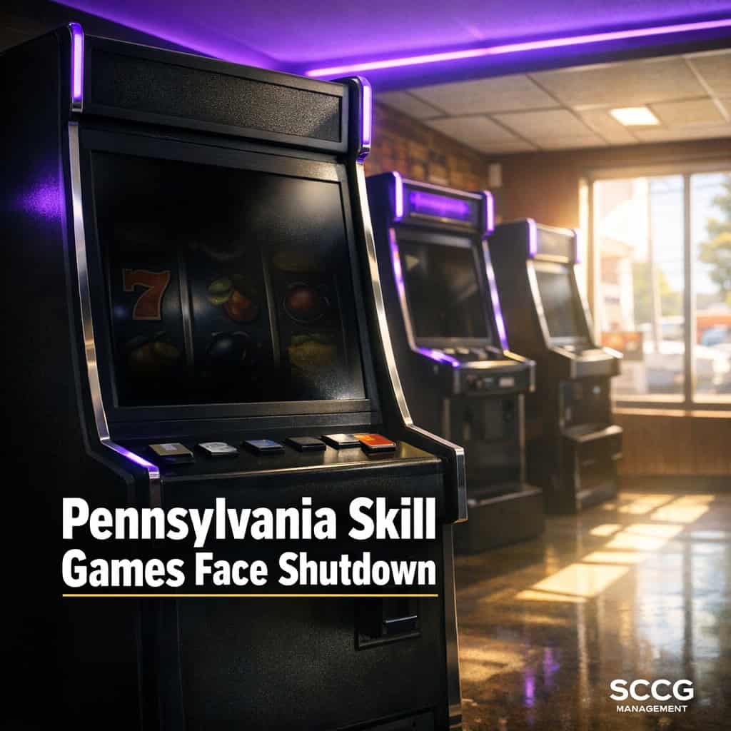 Pennsylvania Skill games machines being powered down inside a corner store as their screens go dark.