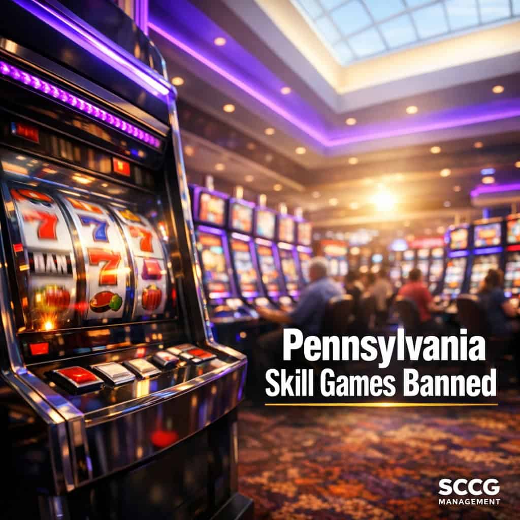 Rows of illuminated slot machines glowing on a busy Pennsylvania casino floor under bright daylight.