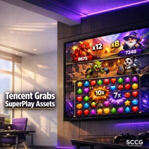 Vibrant casual mobile game displayed on a large studio monitor showing active puzzle battle with high score multipliers.