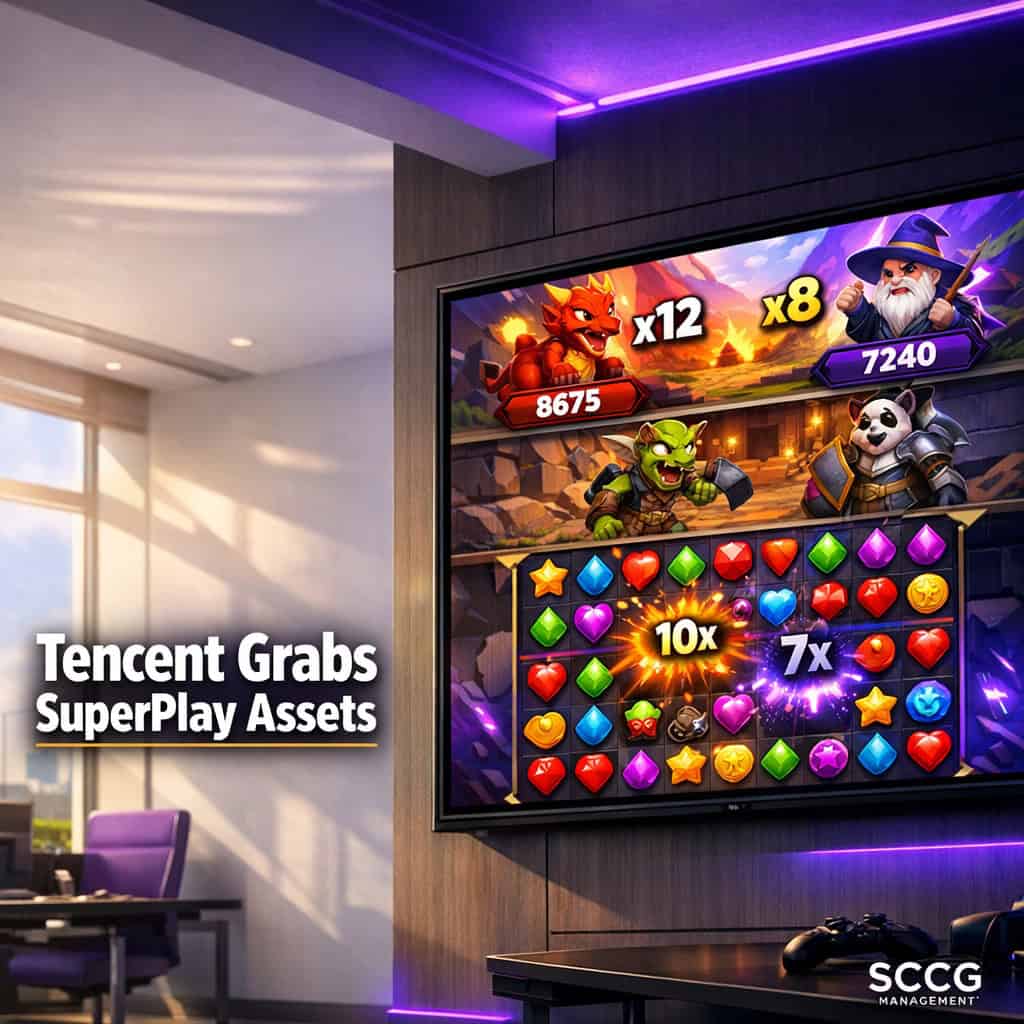 Vibrant casual mobile game displayed on a large studio monitor showing active puzzle battle with high score multipliers.