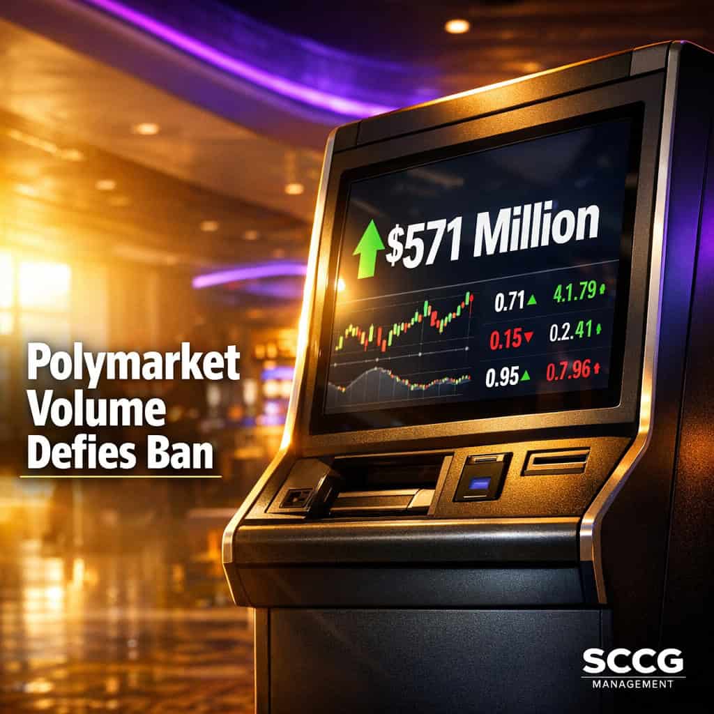 Self-service betting terminal on a vibrant casino floor displays surging prediction market volume and live odds.