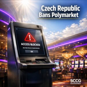 Self-service betting terminal on a vibrant casino floor displaying a blocked access warning.