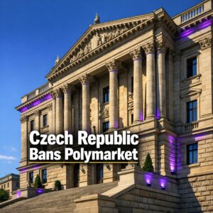 Grand Czech statehouse exterior bathed in bright daylight, conveying regulatory enforcement against unlicensed prediction market platforms.