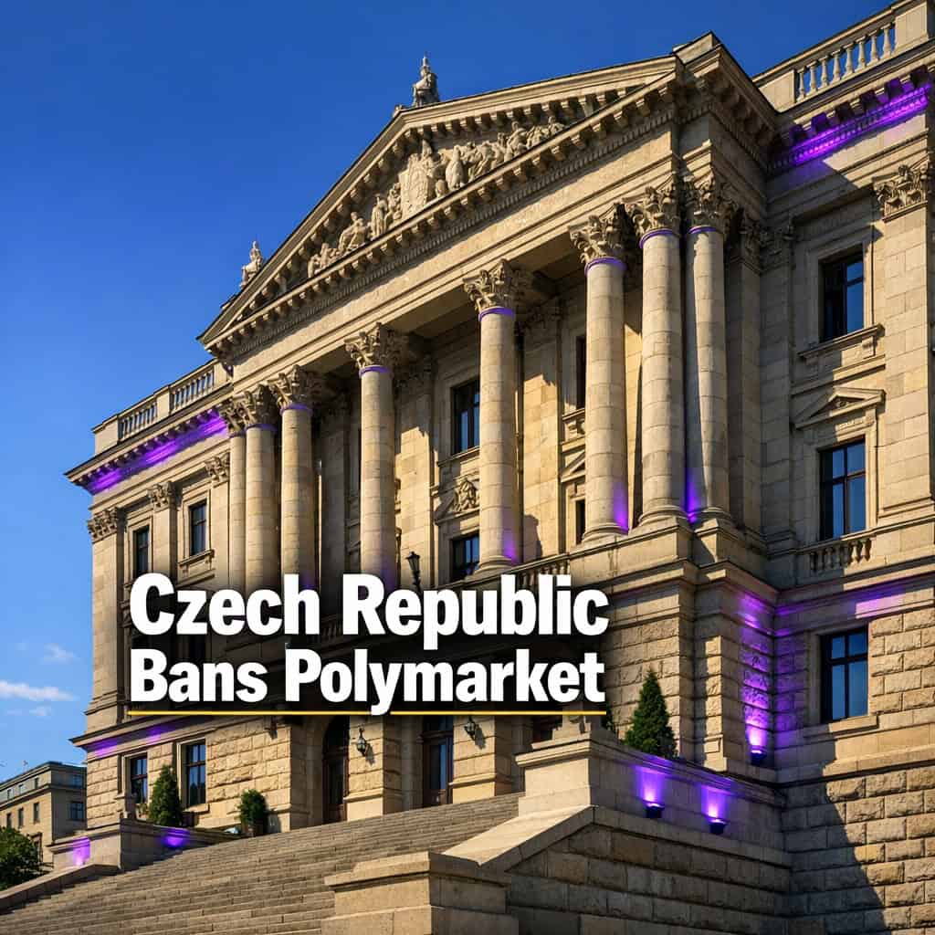 Grand Czech statehouse exterior bathed in bright daylight, conveying regulatory enforcement against unlicensed prediction market platforms.