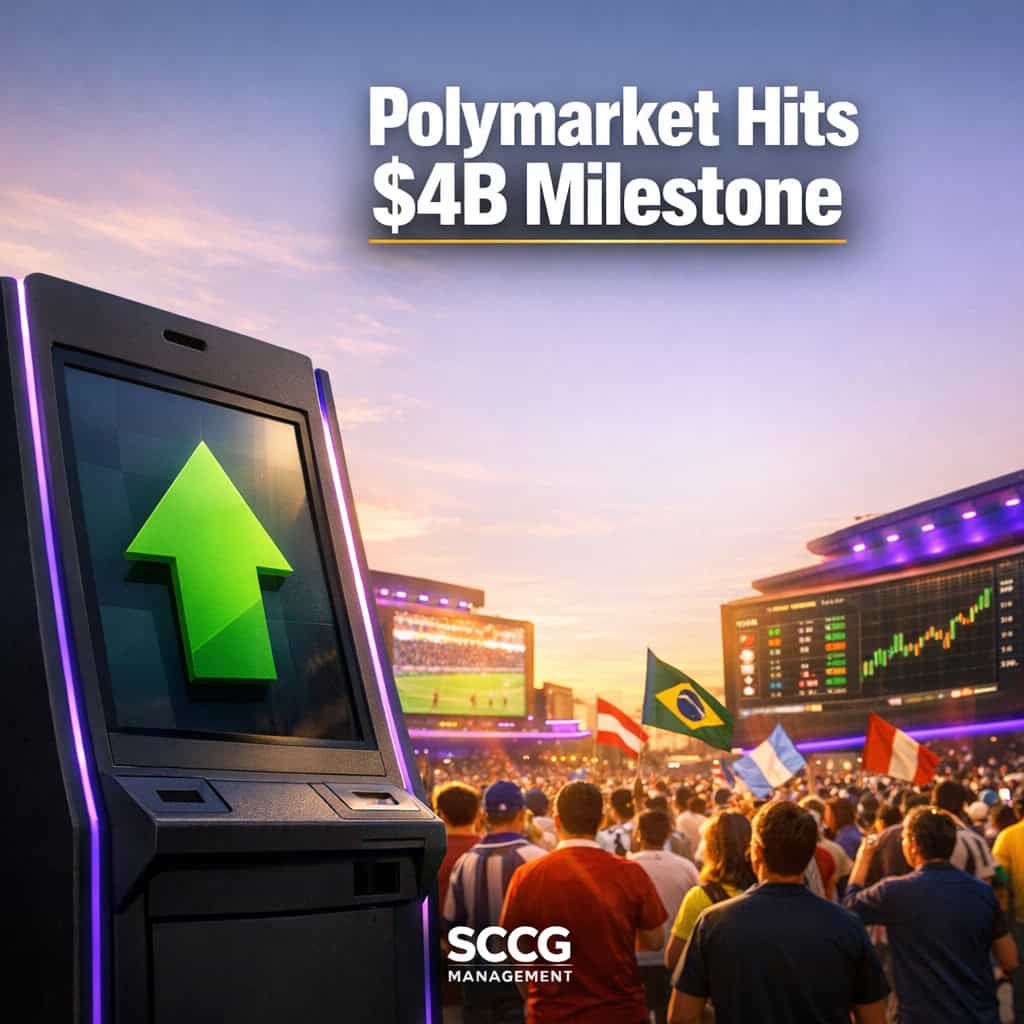 Self-service betting terminal in a lively FIFA World Cup fan zone displays surging prediction market volumes on giant screens as semifinals approach.