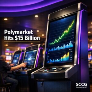 Self-service betting terminal on a vibrant casino floor displays surging prediction market volumes and real-time lines under bright lights.