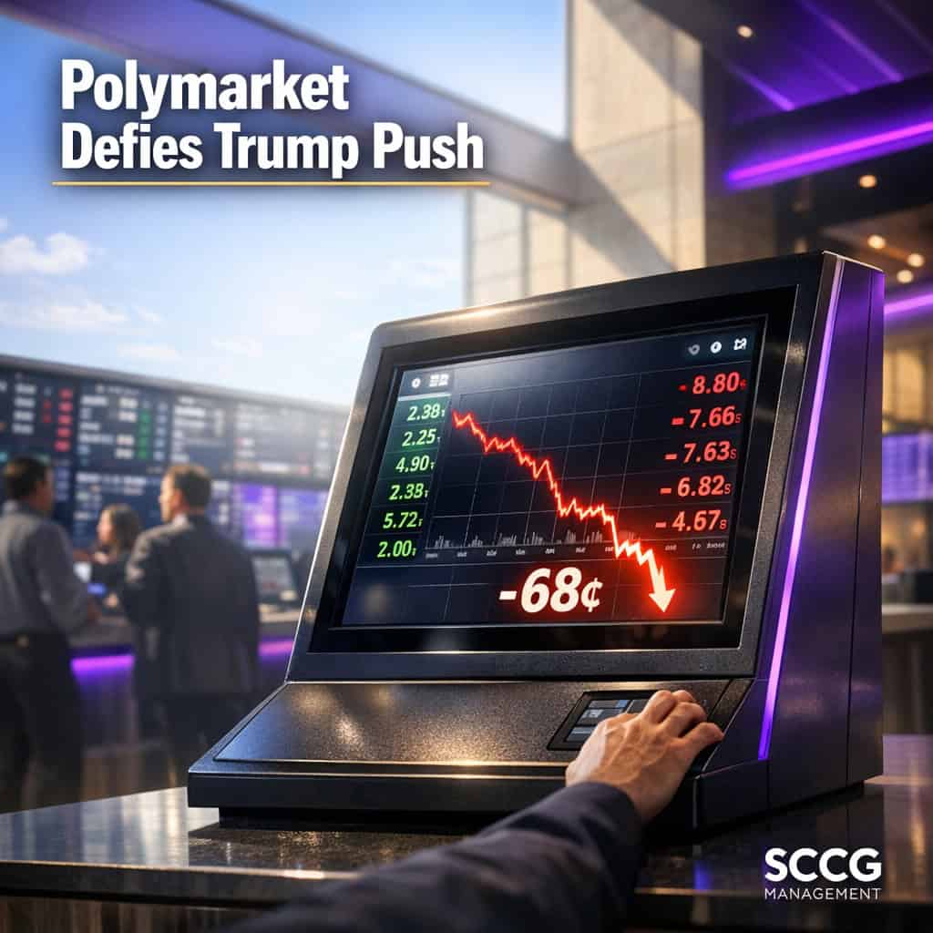 Polymarket Odds Plummet on CLARITY Act Despite Trump's Urgent China Warning 1 Bright prediction market terminal on a busy concourse displaying sharp downward odds movement under strong daylight.