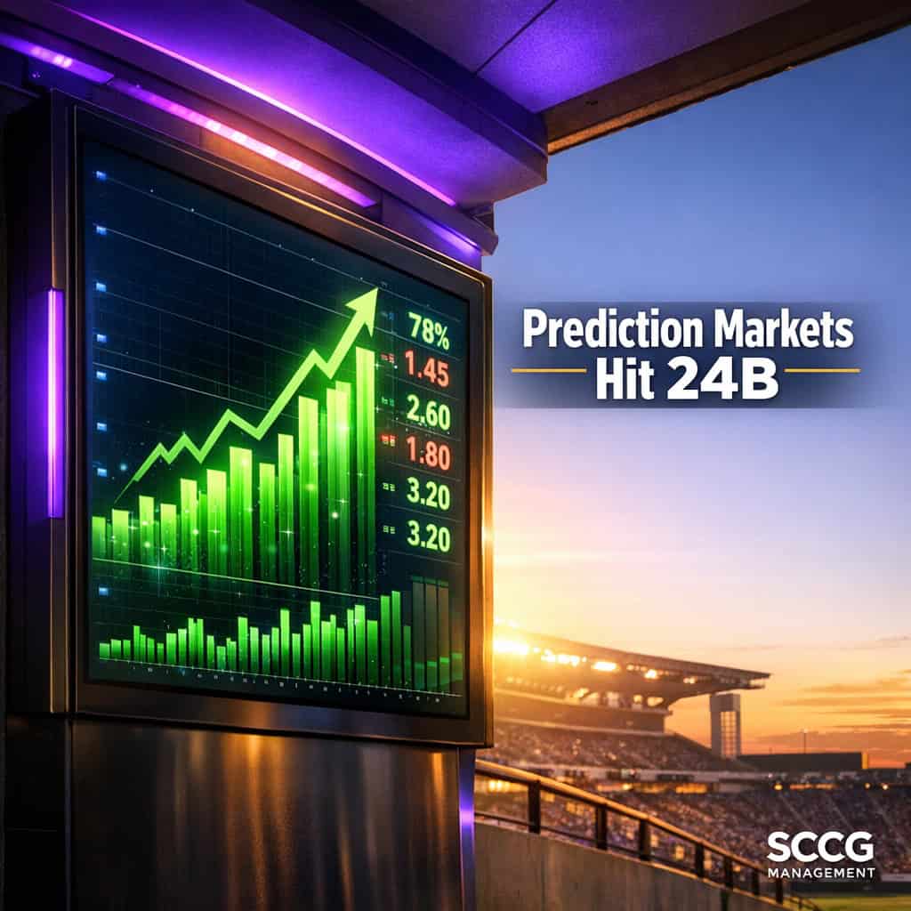 Bright prediction market trading terminal on a stadium concourse displays surging trading volume under golden hour light.