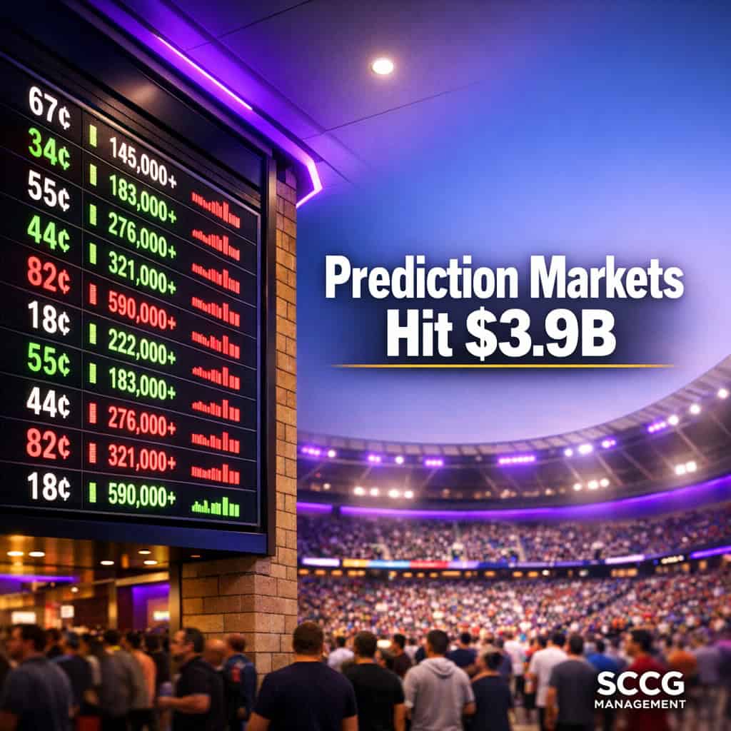 Large glowing sportsbook odds board displaying real-time World Cup prediction market prices inside a vibrant busy stadium concourse.