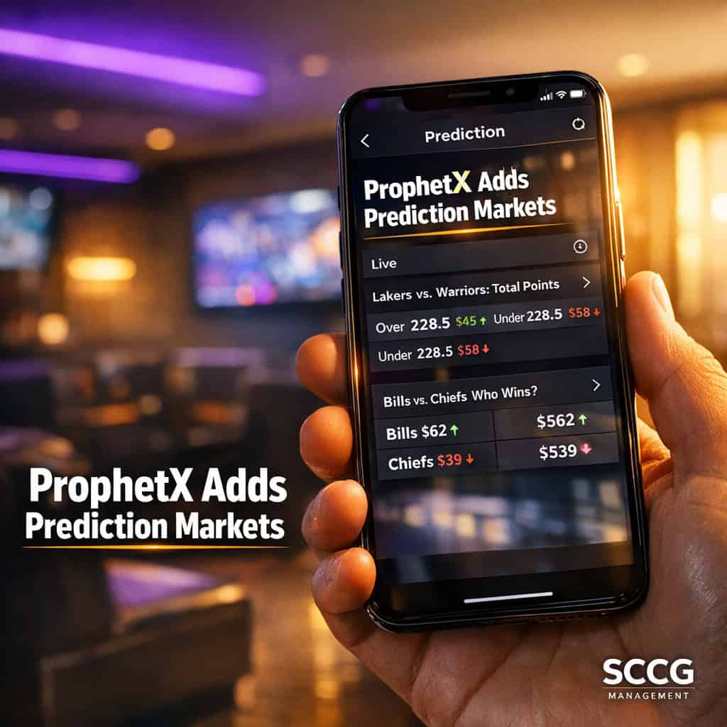 Smartphone screen showing ProphetX prediction markets integrated inside the Players’ Lounge skill-gaming platform.