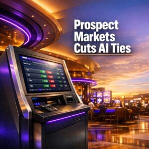 Modern betting terminal kiosk on a vibrant casino floor displaying live event contract prices under bright directional light.
