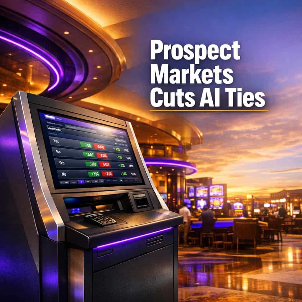 Modern betting terminal kiosk on a vibrant casino floor displaying live event contract prices under bright directional light.