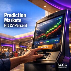 Hand placing a live bet on a glowing prediction market terminal amid busy casino concourse with World Cup event contract lines surging on screen.