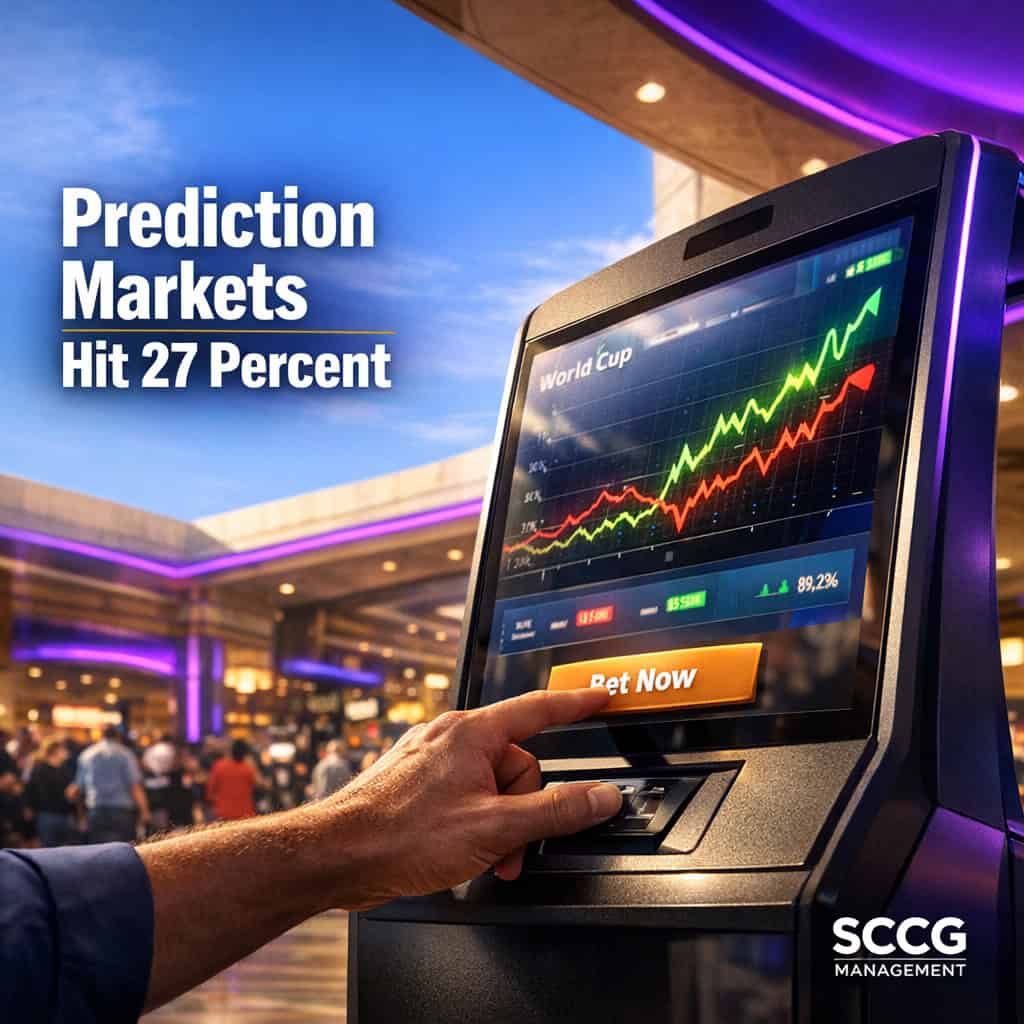 Hand placing a live bet on a glowing prediction market terminal amid busy casino concourse with World Cup event contract lines surging on screen.