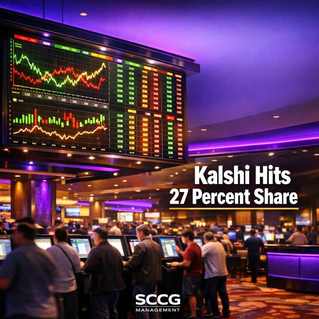 Large glowing sportsbook odds board suspended over a busy casino floor showing surging prediction market volumes during the World Cup.