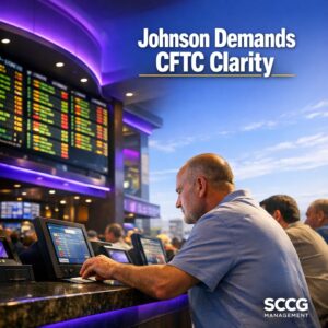 Busy casino sportsbook counter with patrons placing wagers under bright lights as regulatory debate over sports event contracts intensifies.