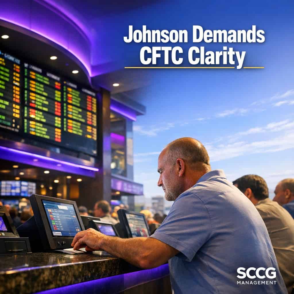 Busy casino sportsbook counter with patrons placing wagers under bright lights as regulatory debate over sports event contracts intensifies.