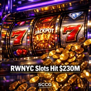 Vibrant slot machine screen mid-spin with jackpot symbols and cascading coins under dramatic lighting.