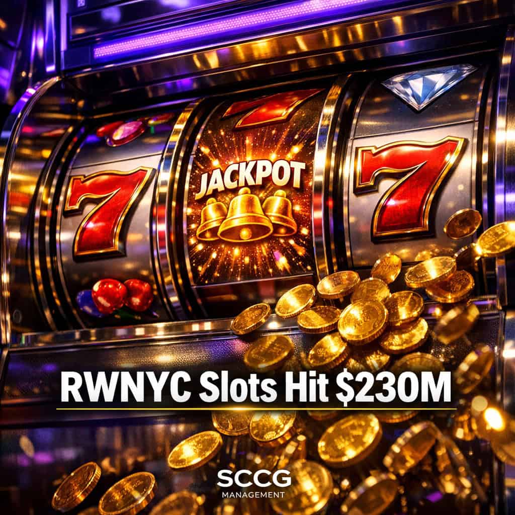 Vibrant slot machine screen mid-spin with jackpot symbols and cascading coins under dramatic lighting.
