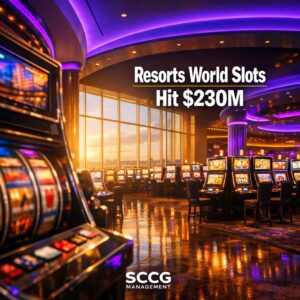 Vibrant casino slot floor at Resorts World New York City packed with rows of active machines generating strong revenue under bright light.