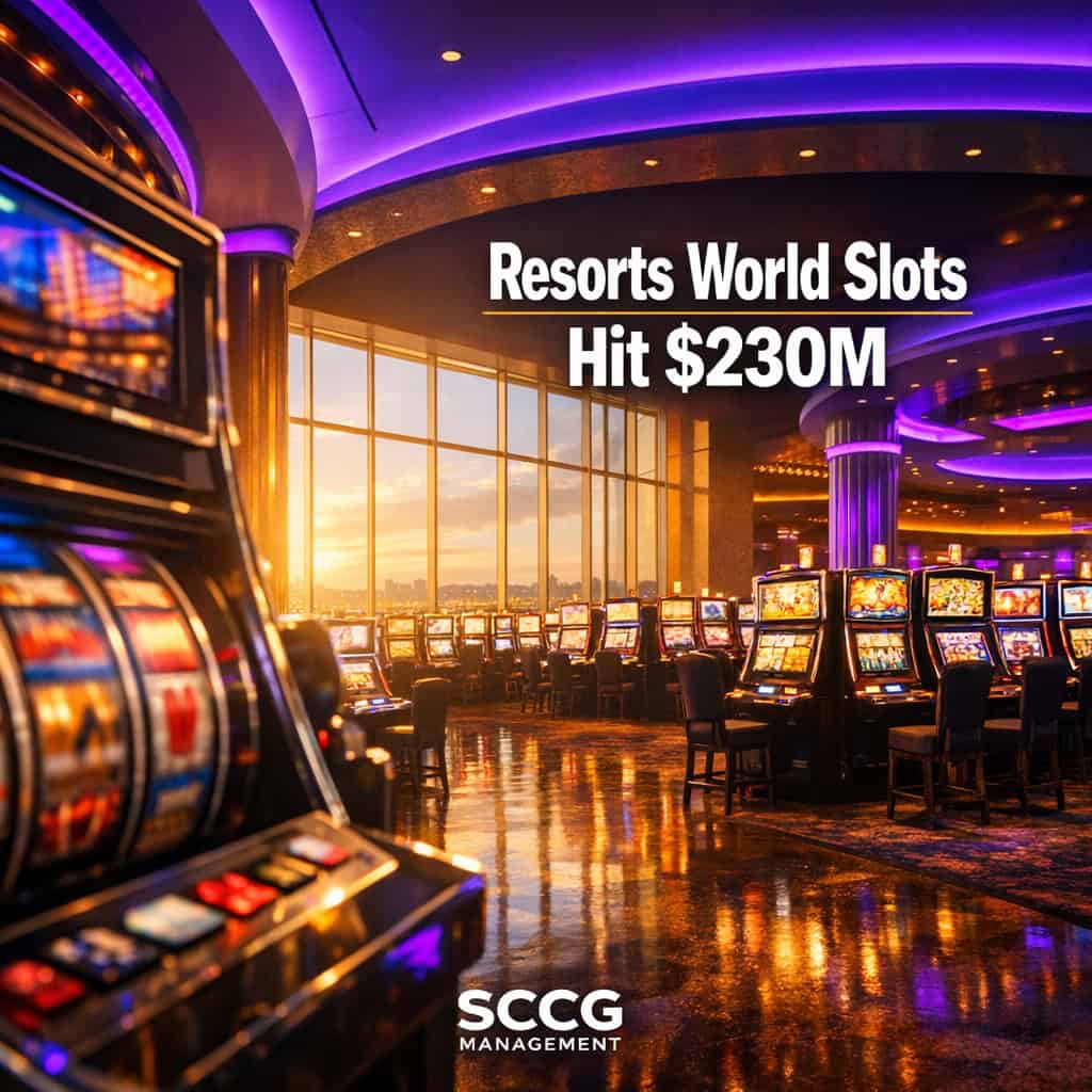 Vibrant casino slot floor at Resorts World New York City packed with rows of active machines generating strong revenue under bright light.