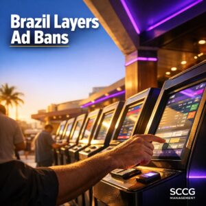 Compliance officer directing removal of betting advertisements inside a bright busy Brazilian sportsbook counter.
