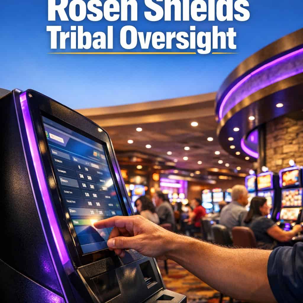 Self-service betting kiosk on a vibrant tribal casino floor with a hand placing a bet during a live transaction.