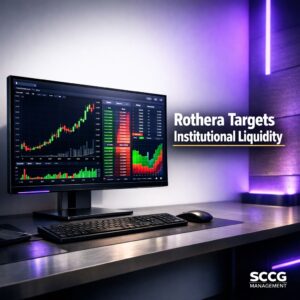 Sleek self-service betting terminal displaying live event contract order book with surging lines on a bright institutional trading floor.
