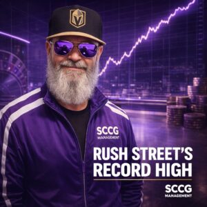 Steve Crystal in a purple SCCG Management track jacket inside a trading gallery as a stock line crests at an all-time record high, headline reads Rush Street's Record High
