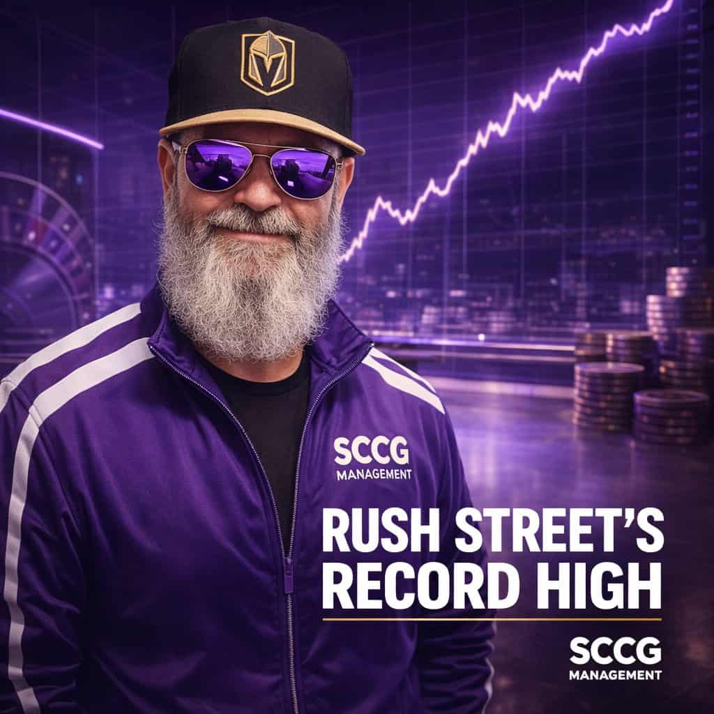 Rush Street's Record High Is a Blueprint, Not a Fluke 1 Steve Crystal in a purple SCCG Management track jacket inside a trading gallery as a stock line crests at an all-time record high, headline reads Rush Street's Record High