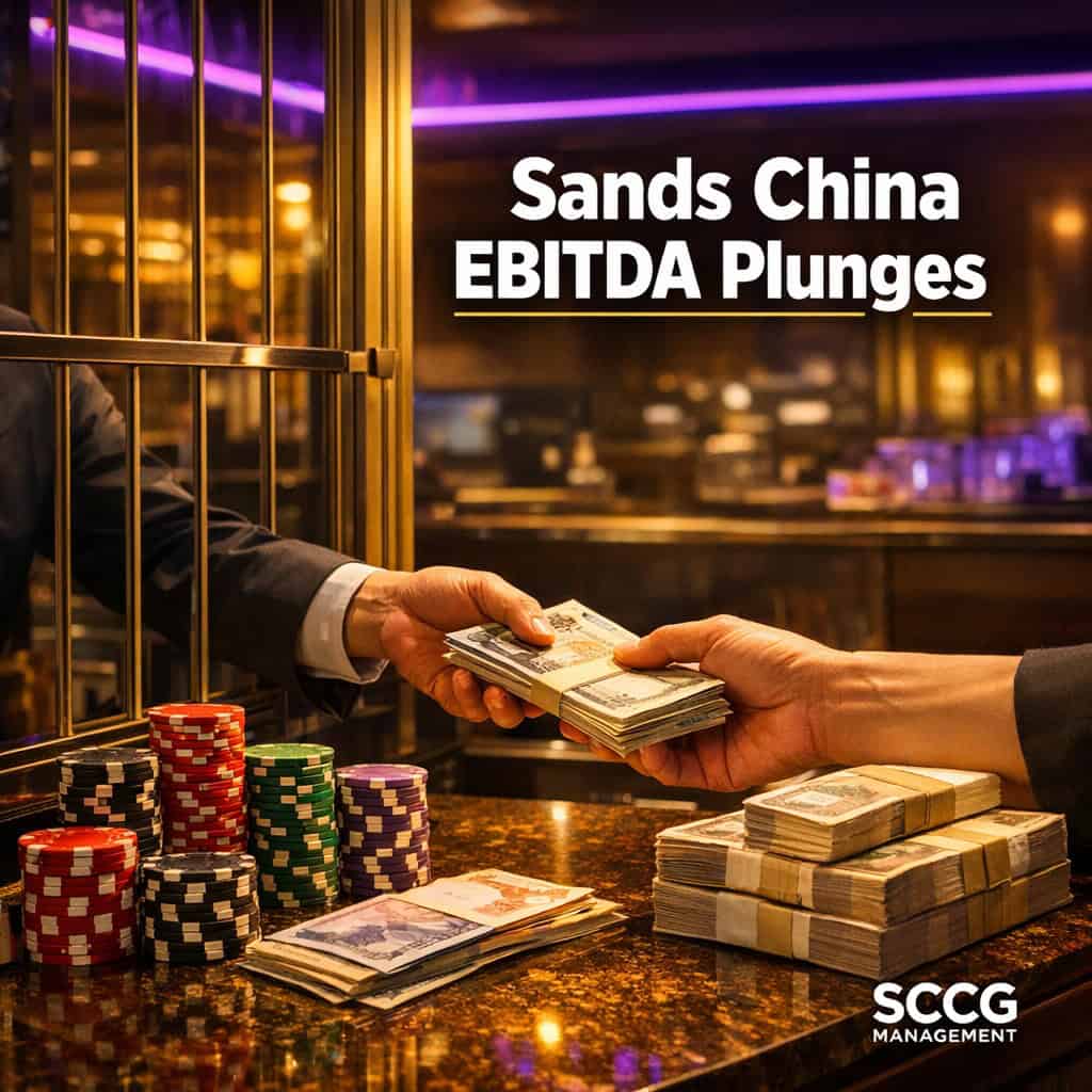 Macau casino cage cash desk with stacks of chips and currency during a high-value transaction under bright directional light.