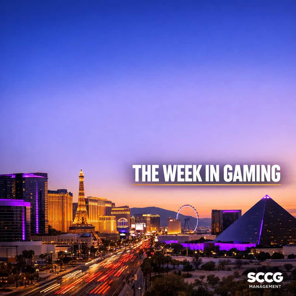 Las Vegas Strip skyline at golden hour with The Week in Gaming headline