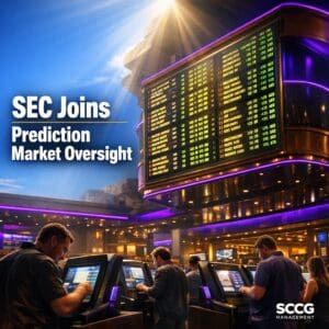 Busy casino floor with glowing sportsbook odds board overhead as patrons place bets at self-service terminals, capturing the rise of prediction markets impacting tribal gaming revenue.