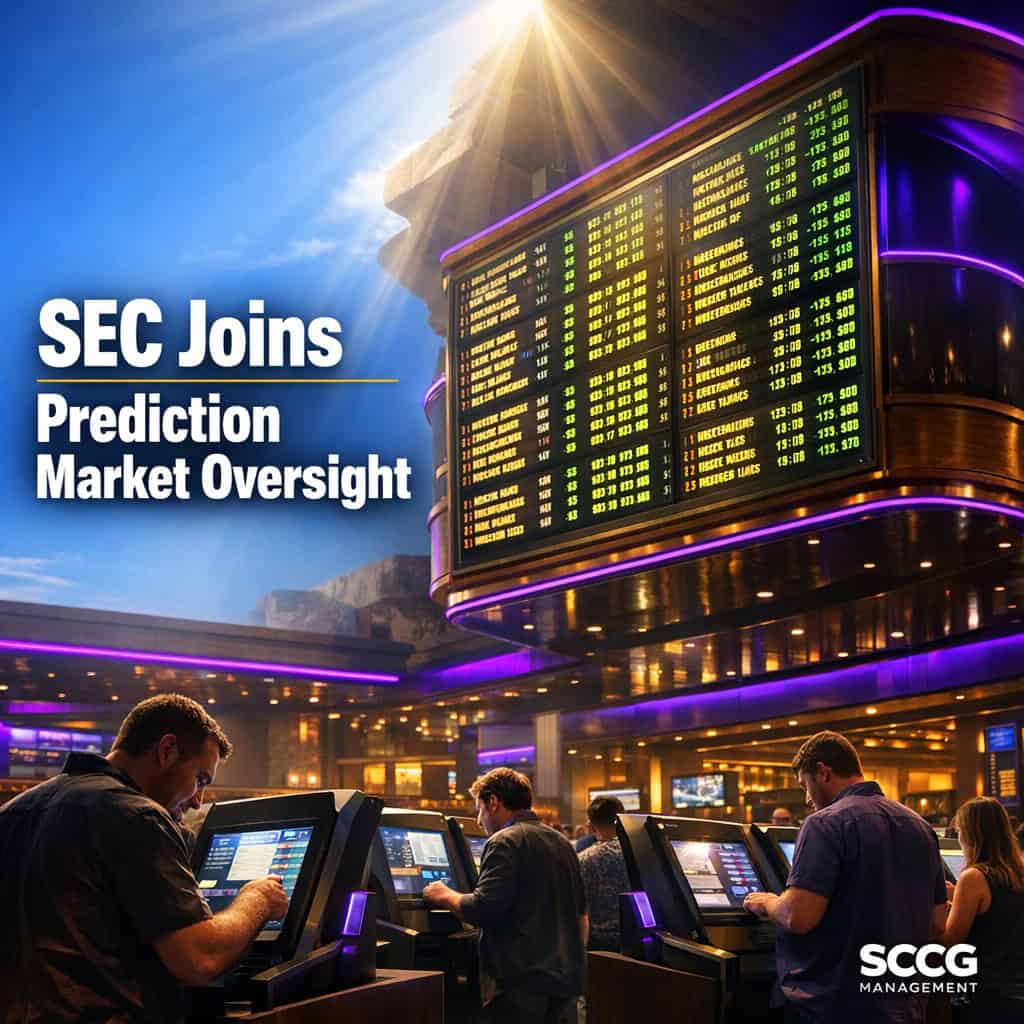 Busy casino floor with glowing sportsbook odds board overhead as patrons place bets at self-service terminals, capturing the rise of prediction markets impacting tribal gaming revenue.