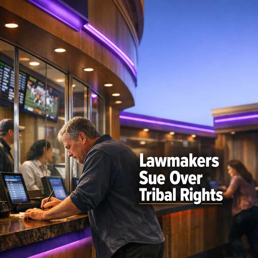 Busy tribal casino sportsbook counter with active betting windows and patrons on a bright casino floor.
