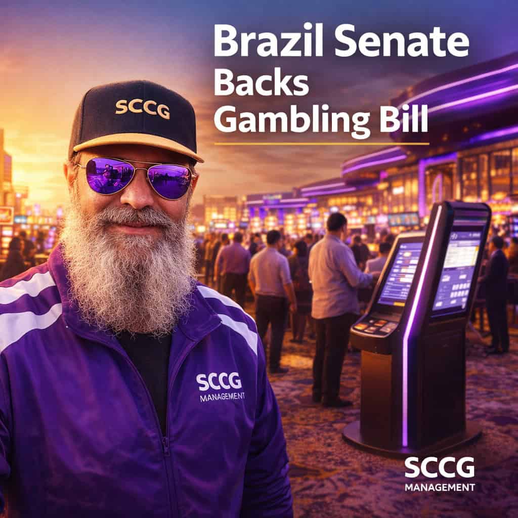 Busy Brazilian casino floor with patrons queuing at a modern self-service betting kiosk under warm golden light.