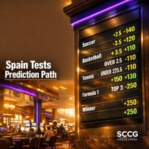 Glowing digital odds board displaying prediction lines for sporting events on a busy Spanish casino floor lit by golden hour sunlight.