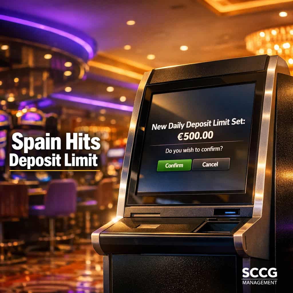 Self-service betting terminal on a vibrant Spanish casino floor displaying a deposit limit confirmation.