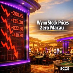Glowing digital stock ticker board inside a vibrant Macau casino showing sharp downward red arrows and plunging numbers.