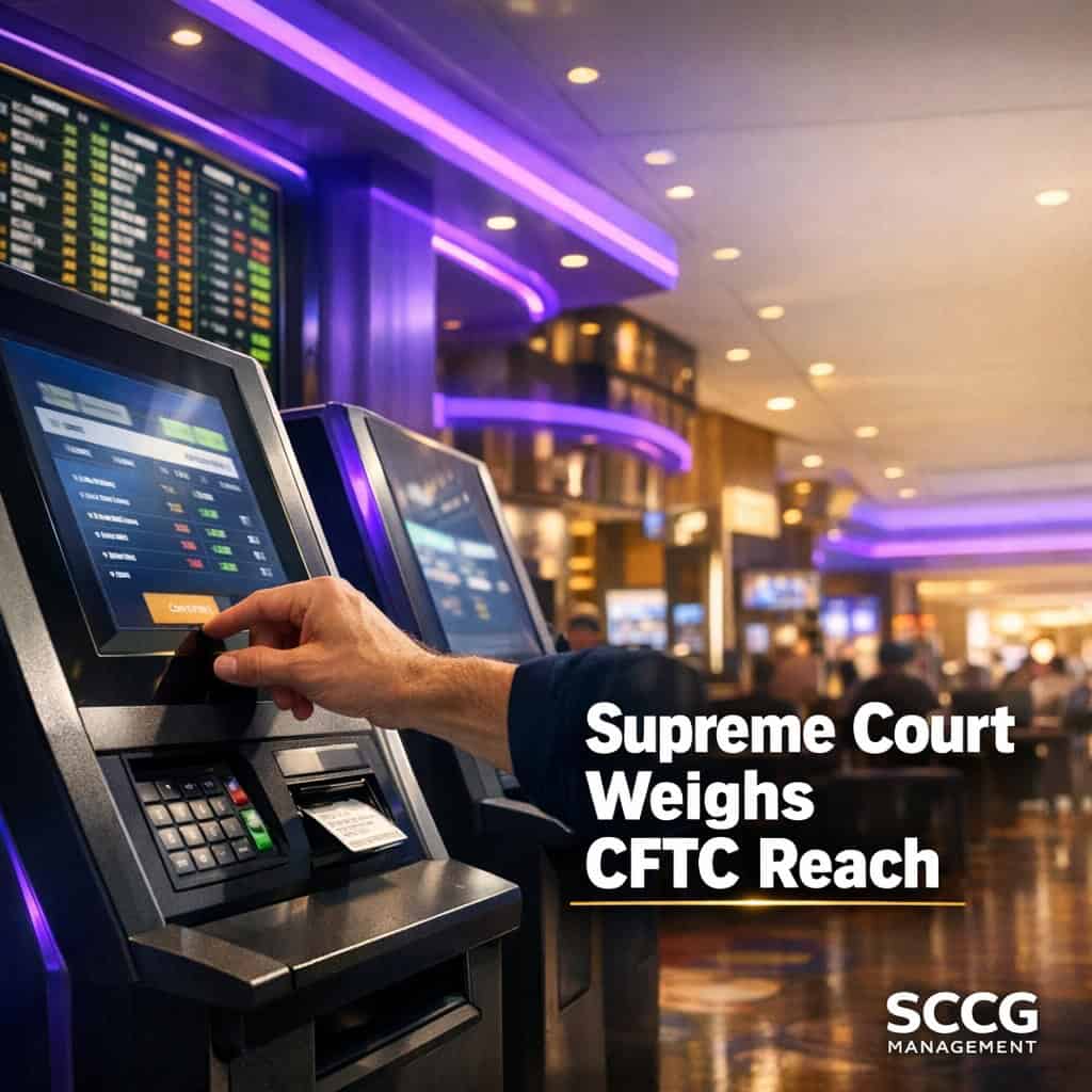 A bright casino concourse betting kiosk displays live sports odds as a hand places a wager on the self-service terminal.